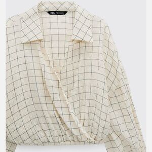 Zara Plaid Cropped Wrap Collar Top Size Large